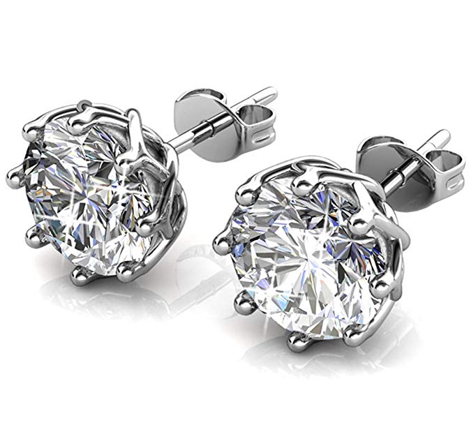 Jade Marie AMUSE Silver Brilliant Round Cut Stud Earrings, 18k White Gold Plated Earrings with 2ct Swarovski Crystals, Large Solitaire Stud Earring Set for Women, Beautiful Sparkling Crystal Gems