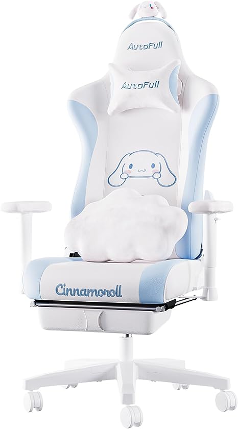 AutoFull Cinnamoroll Gaming Chair High Back Ergonomic Office Desk Computer Chair with Lumbar Support, Racing Style PU Leather Task Chair with Footrest, White & Blue AF101