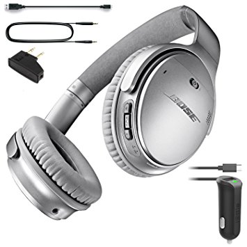 Bose QuietComfort 35 Bluetooth Wireless Noise Cancelling Headphones - Silver & Car Charger - Bundle