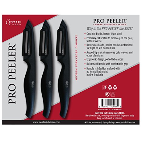 Vegetable Peeler By Cestari Kitchen - Pro Peeler with Razor Sharp Ceramic Blade - Lightweight Ergonomic Handle - Package of 3