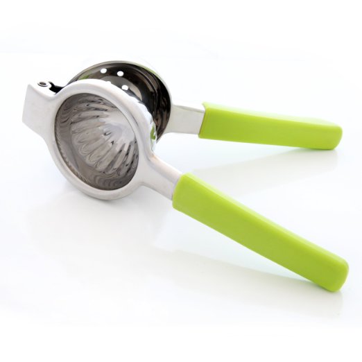 6peas Lemon and Lime Squeezer is the Best Hand Held Manual Citrus Juicer Made from Food Grade Stainless Steel with Lime Green Silicone Handles for Comfort Easily Extract More Fresh Juice Now