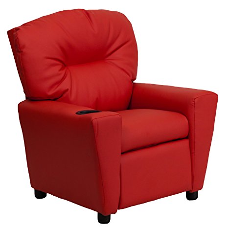 Contemporary Red Vinyl Kids Recliner with Cup Holder