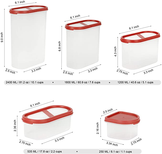 SIMPARTE Pantry Airtight Food Storage Containers |6 Container Set|Microwave & Dishwasher Safe|BPA Free|Cereal and Dry Food Storage Containers| Freezer Safe | Space Saver Modular Design Red Lids