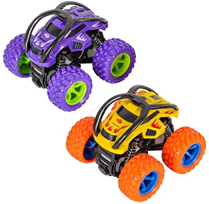 m zimoon Inertia Car, Monster Truck Toy Cars 360 Degree Rotating Off-road Vehicle Toy Pull Back Car for Boys Girls (2 Pack ,Purple Yellow)