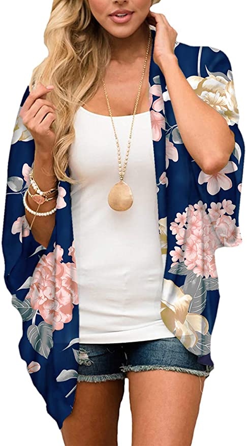 BB&KK Women's Floral Kimono Cardigans Chiffon Casual Loose Open Front Cover Ups Tops