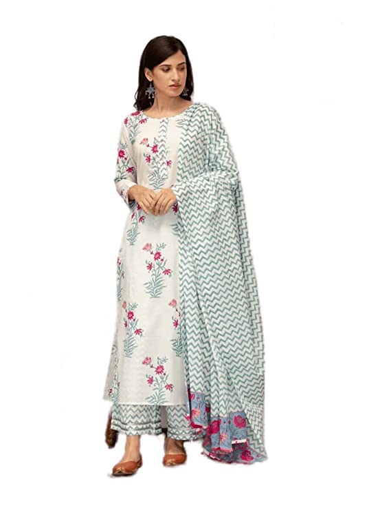 Royal Export Women's Straight Floral Printed Kurta Palazzo & Dupatta