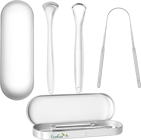 Set of 3 Tongue Scrapers for Adults, Tough Metal Tongue Cleaner w/Storage Case, Stainless Steel Tongue Scrubber for Fresh Breath & Oral Hygiene by EcoEarth