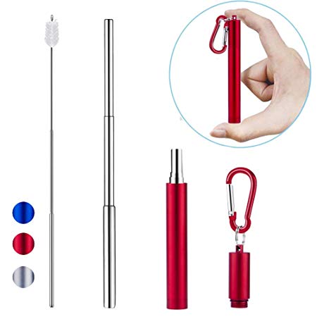 [Updated] Portable Collapsible Reusable Straws - Foldable Stainless Steel Metal Travel Straw Drinking with Case, Cleaning Brush and Keychain, by Huameilong, Red