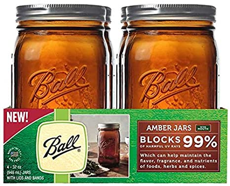 4 PACK AMBER BALL MASON JARS 946ML WIDE MOUTH with RECIPE BOOKLET