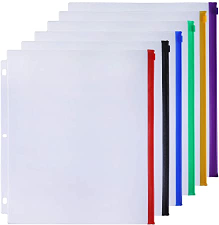 Antner 6 Pack Zippered Binder Pockets Letter Size 3 Holes Binder Pouches, Multicolor Zippers Folders Loose Leaf Document Filing Bags for 3 Ring Binders