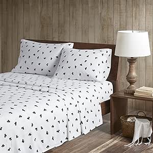 Woolrich Flannel 100% Cotton Sheet Set Warm Soft Bed Sheets with 14" Elastic Pocket, Cabin Lifestyle, Cold Season Cozy Bedding Set, Matching Pillow Case, King, Black/White Scottie Dogs, 4 Piece