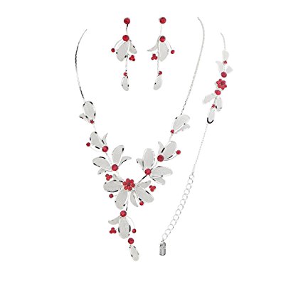 Rosemarie Collections Women's Red Crystal Flower Statement Necklace Bracelet Earring Set