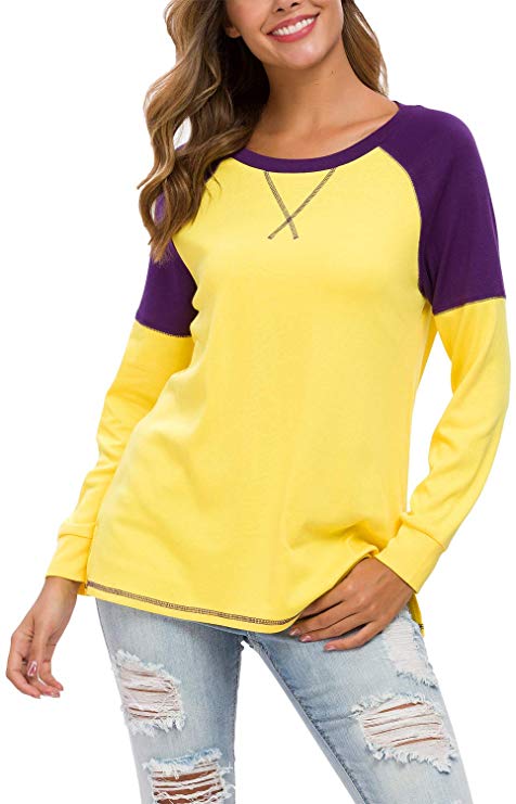 levaca Women's Color Block Casual Long Sleeve Raglan T Shirts Blouse Tops