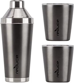 REDUCE Cocktail 3-Piece Shaker Set with 10-oz. Lowball Tumblers (Charcoal)