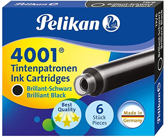 Pelikan 4001 TP/6 Ink Cartridges for Fountain Pens, Brilliant Black, 0.8ml, 6 Pack (301218)