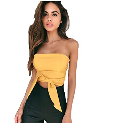 hqclothingbox Women's Sexy Clubwear Strapless Bodycon Tie Up Crop Tops with Back Zipper