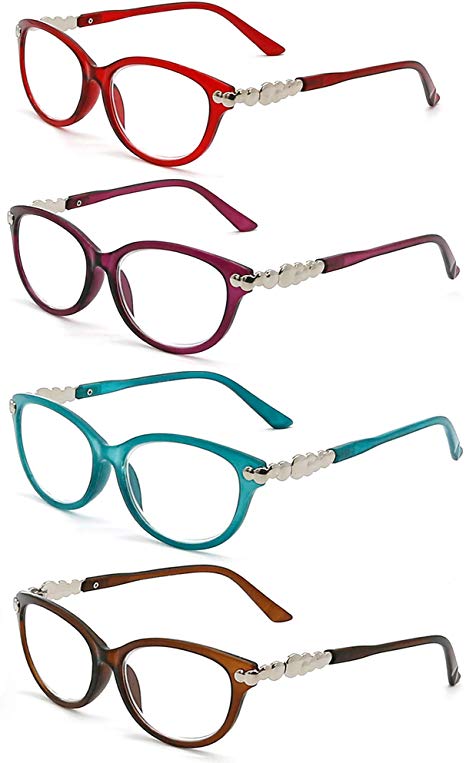 Reading Glasses Women - 4 Pack Stylish Readers - Spring Hinge Designer Ladies Fashion Reading Glasses - Bright Colors
