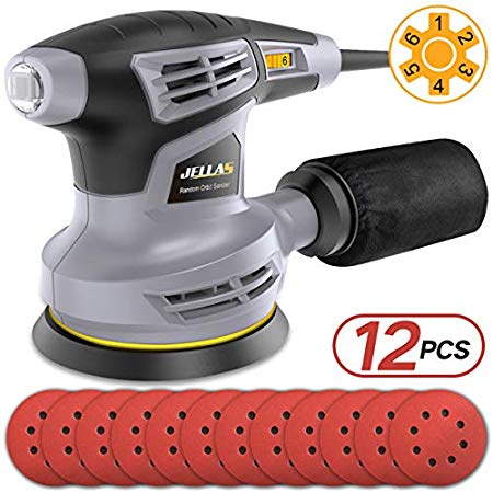 Orbital Sander 13000RPM - Jellas Pure Copper Motor 6 Variable Speed Electric Random Orbit Sander with Dust Collection Bag, 3M Power Cord, 12Pcs Sanding Papers Included (4xP80, 4xP120, and 4xP240)
