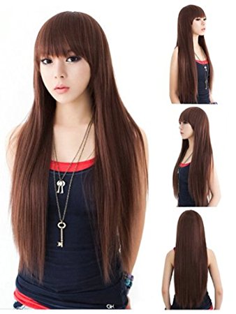 ABING Wigs For Women Fashion Girl's 26" Long Straight Hair Full Bangs Party Full Wig wig Cap