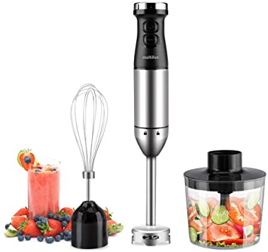 Immersion Blender, Multifun Ultra-Stick Powerful Turbo 9-Speed Multi-Purpose Hand Blender with Heavy Duty Copper Motor, Brushed 304 Stainless Steel with Whisk and 500ml Food Chopper, UL Certified