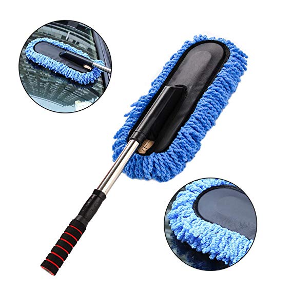 Car Wash Brush Duster, XINDELL Microfiber Car Wheel Window Detailing Brush Mitt Cleaner Soft Head Scraper Hose Attachment for Interior Exterior Vehicle Wash with Extendable Long Handle Soap Dispenser