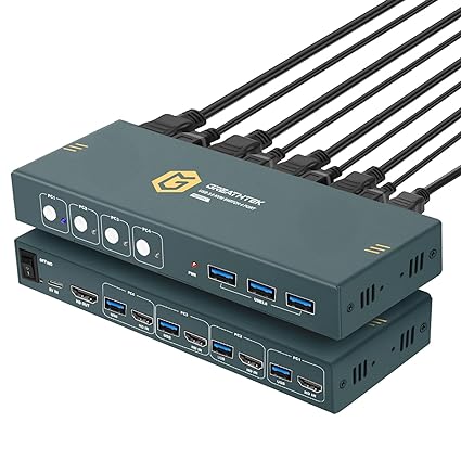 USB 3.0 4 Port KVM Switch HDMI 4K@60Hz for 4 Computers Share 1 Monitor, KVM Switches 4 Port with 3 USB 3.0 Ports Share Keyboard Mouse, Button Switch, Plug and Play, EDID