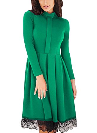 Dokotoo Womens Lace Hemline Mock Neck Long Sleeve Flare Pleated Skater Dress