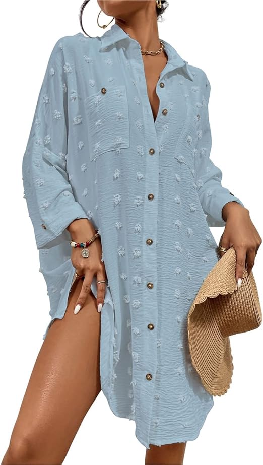 Bsubseach Women Swimsuit Coverup Blouse Button Down Shirt Dresses Swiss Dot Tops