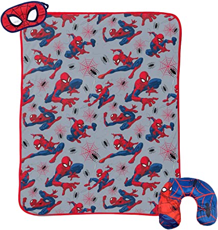 Jay Franco Marvel Spiderman 3 Piece Plush Kids Travel Set with Neck Pillow, Blanket, Eye Mask (Official Marvel Prodcut)