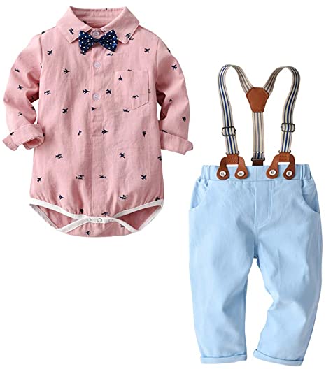 Baby Boys Gentleman Outfit Suits,Infant Boys Pants Set,Long Sleeve Romper Shirt Suspender Pants Bow Tie 4Pcs Set