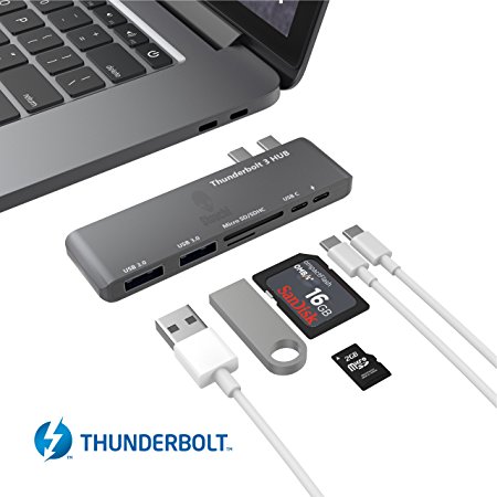 Thunderbolt 3 Hub, Stouchi USB C Hub Combo Adapter, Thunderbolt 3 Dock 40Gb/s (PD Qucik charging) 6 in 1 TB3, USB-C 3.0 port, microSD/SD, 2 USB 3.1 Ports for 2016/ 2017 MacBook Pro 13” / 15”Space Gray