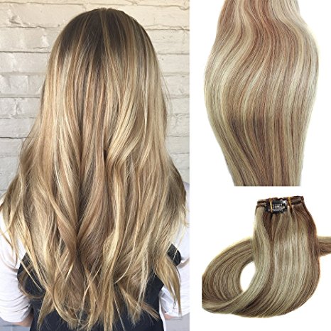Myfashionhair Clip in Hair Extensions Real Human Hair Extensions 15 inches 70g Clip on for Fine Hair Full Head 7 pieces Silky Straight Weft Remy Hair (15 inches, #12-613)
