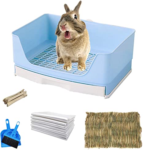 kathson Large Rabbit Litter Box with Drawer, Pet Toilet Potty Trainer Corner Toilet Bigger Pet Pan with Grass Mat for Adult Guinea Pigs, Chinchilla, Hamster