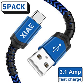 USB C Cable,XIAE 5Pack (3/3/6/6/10FT) USB-A to Type C Nylon Braided Fast Charging Cable Aluminum Housing Compatible with Samsung Galaxy S10 S9 Note 9 8 S8 Plus,LG V30 V20 G6,Huawei P30/P20-Navy&Blue