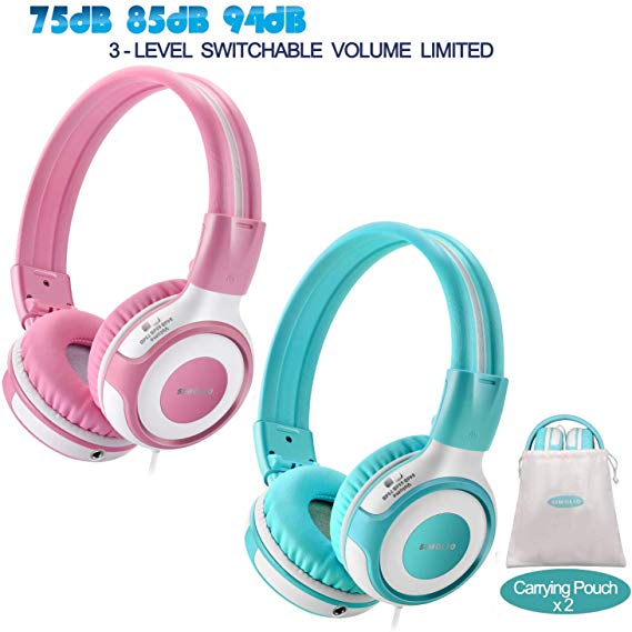 2 Pack of SIMOLIO Kids-Safe Headphones with 94dB,85dB,75dB Volume Limited, with Share Port Headphones for Kids, Durable Children Headphones with Portable Bag, On-Ear Headphone for Toddlers/Girls/Boys