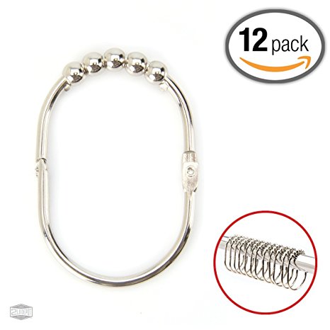 2LB Depot Wide Shower Curtain Rings / Hooks Set, Decorative Polished Nickel Finish, Easy Glide Rollers, 100% Rustproof Stainless Steel, Set of 12 Rings for Shower Rods