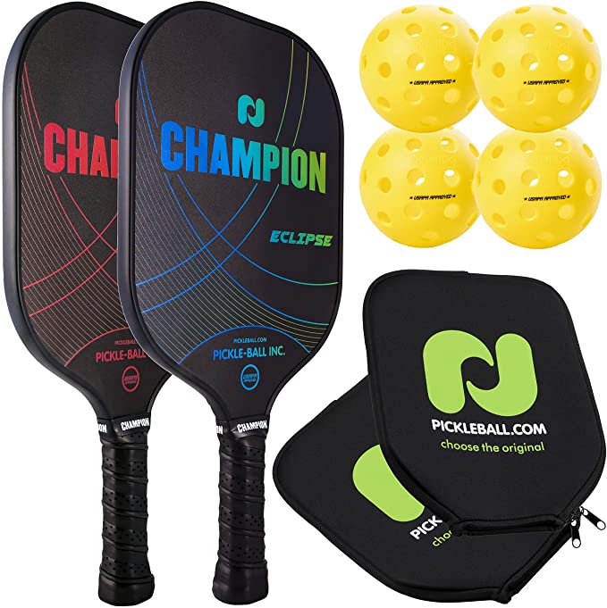 Champion Eclipse Graphite Pickleball Paddle 2 Paddle & Ball Set| Includes 2 Paddles   4 Outdoor Pickleballs   2 Paddle Covers | Polymer Honeycomb Core, Graphite Hybrid Composite Face