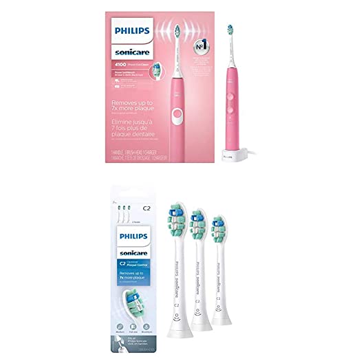 Philips Sonicare ProtectiveClean 4100 Electric Rechargeable Toothbrush Pink with Philips Sonicare Optimal Plaque Control Replacement Toothbrush Heads, White 3-pk