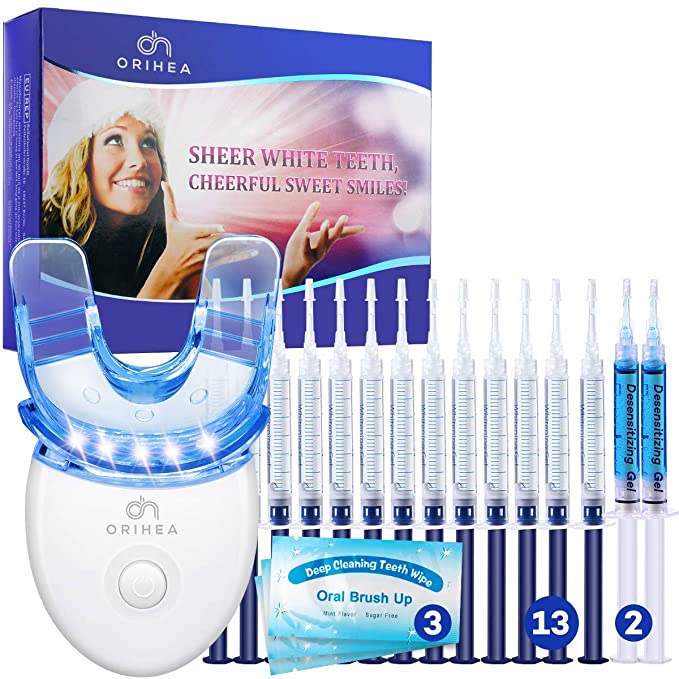 OriHea Teeth Whitening Kit with LED Light-18-pack Teeth Whitening Dental Whitener, 13 Syringes of 3ml Tooth Whitening Gel, 2 Syringes of Desensitizing Gel, White Smile Set with Mouth Tray