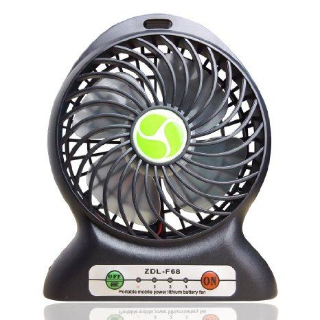 INVESCH Portable Lithium Battery Fan 4-inch Vanes 3 Speeds Rechargeable Desktop Fan (Black)