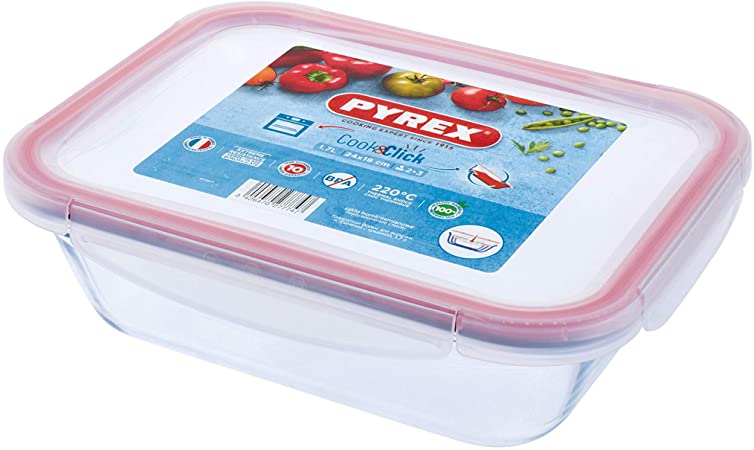 Pyrex Cook & Click - 1.7L Rectangular Food Storage Container with Clip Lock Plastic Lid