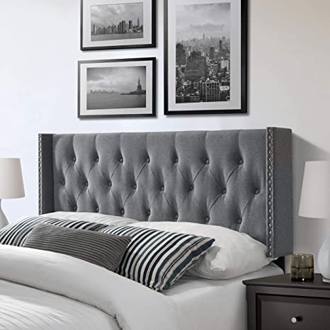 DG Casa Savoy Diamond Tufted Upholstered Nailhead Trim Wingback Adjustable Height Headboard, Queen Size in Grey Polyester Blend Fabric, Gray