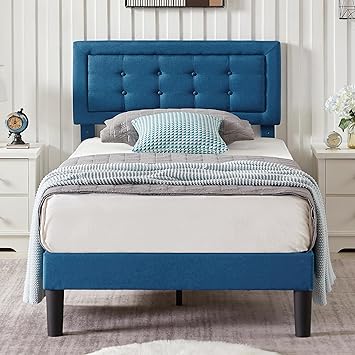 VECELO Twin Size Upholstered Bed Frame with Height Adjustable Fabric Headboard, Heavy-Duty Platform Bedframe/Mattress Foundation/Strong Wood Slat Support/No Box Spring Needed, Blue