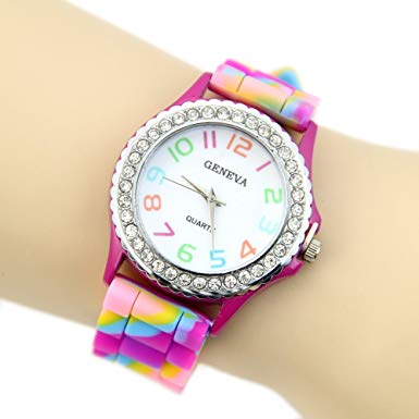 Estone® Women Girl Multicolor Geneva Silicone Crystal Bling Fashion Designer Wrist Watch