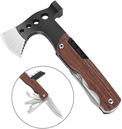 Suruid Camping Tools, Survival Hatchet Multi Tool Kit with Hammer, Axe, Knife, Can Opener, Screwdrivers, Wrench, Stainless Steel Axe Multitool for Camping, Survival Kit, Outdoors, Car Tool