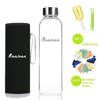 BONISON Stylish Top Level Quality Environmental Borosilicate Glass Water Bottle with Colorful Nylon Sleeve 18oz