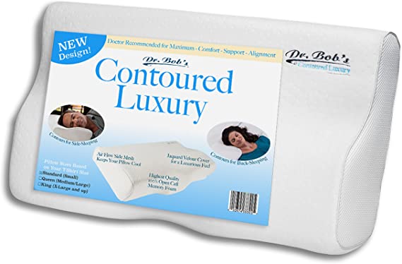 Dr. Bob's Contoured Luxury - Neck and Cervical Pillow Memory Foam Contours for Back-Sleeping and Side-Sleeping, Jaquard Velour Cover, Open Cell Foam, Stays Cool, 3 Sizes