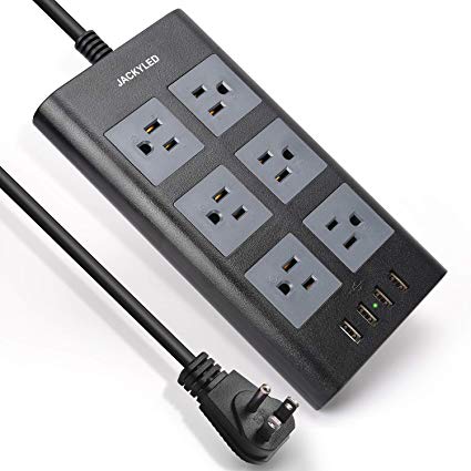 USB Power Strip - JACKYLED 15A Surge Protector Flat Plug with 3.1A 4 USB Ports 6 Outlets Electric Outlet Fireproof Desktop Charger for Home, Kitchen Office, School - Black Gray