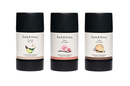 Each & Every All Natural Deodorant - Aluminum Free Deodorant for Women & Men - Multipack with Coconut & Lime, Rose & Vanilla, Cedar & Vanilla - Travel Size Plant-Based Packaging (3 Pack, 2.5 Oz Each)