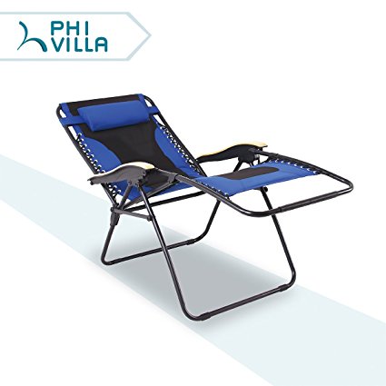 PHI VILLA Oversized XL Padded Zero Gravity Lounge Chair Patio Adjustable Recliner Folding with Wooden Armrest, Blue